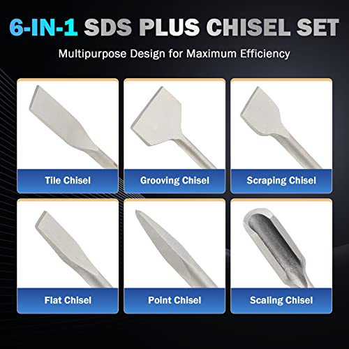 ZELCAN Chisel Set with SDS Plus Shanks, 6pc Masonry Concrete Drill Bit Set, Tile Grooving Scraping Flat Point Scaling Chisels 40Cr Steel Rotary Hammer Drill Tool Kit SDS Plus Bits for Home Improvement - Image 3