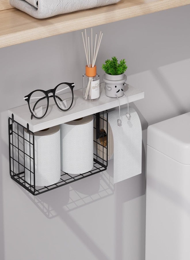VITVITI حامل ورق تواليت VITVITI مع رف، سلة تخزين ورق تواليت مثبتة على الحائط، حامل مناديل ورقية ومناديل حمام من الخشب والمعدن لنمط ريفي (أبيض) - Image 4