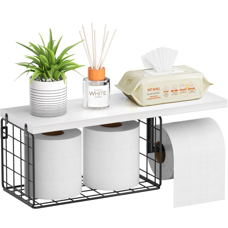 VITVITI حامل ورق تواليت VITVITI مع رف، سلة تخزين ورق تواليت مثبتة على الحائط، حامل مناديل ورقية ومناديل حمام من الخشب والمعدن لنمط ريفي (أبيض) - Image 1