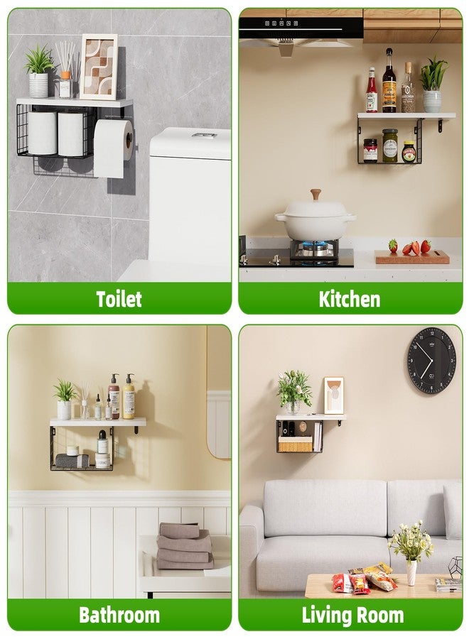 VITVITI حامل ورق تواليت VITVITI مع رف، سلة تخزين ورق تواليت مثبتة على الحائط، حامل مناديل ورقية ومناديل حمام من الخشب والمعدن لنمط ريفي (أبيض) - Image 2