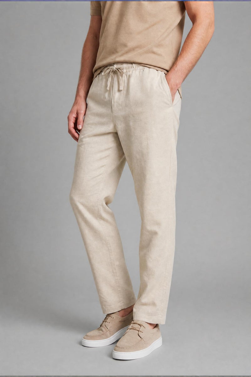 DeFacto Beige Man Linen Blend Elastic Waist Regular Fit Beige Trousers Casual - Image 4