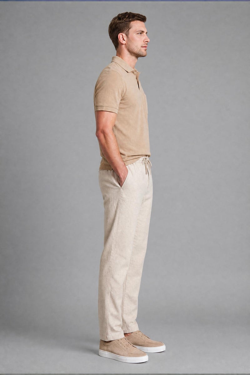DeFacto Beige Man Linen Blend Elastic Waist Regular Fit Beige Trousers Casual - Image 2