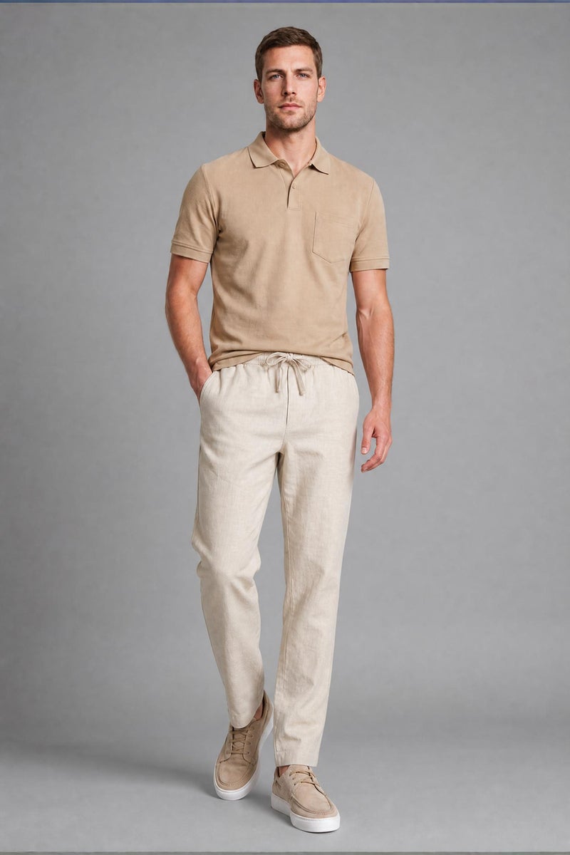 DeFacto Beige Man Linen Blend Elastic Waist Regular Fit Beige Trousers Casual - Image 1