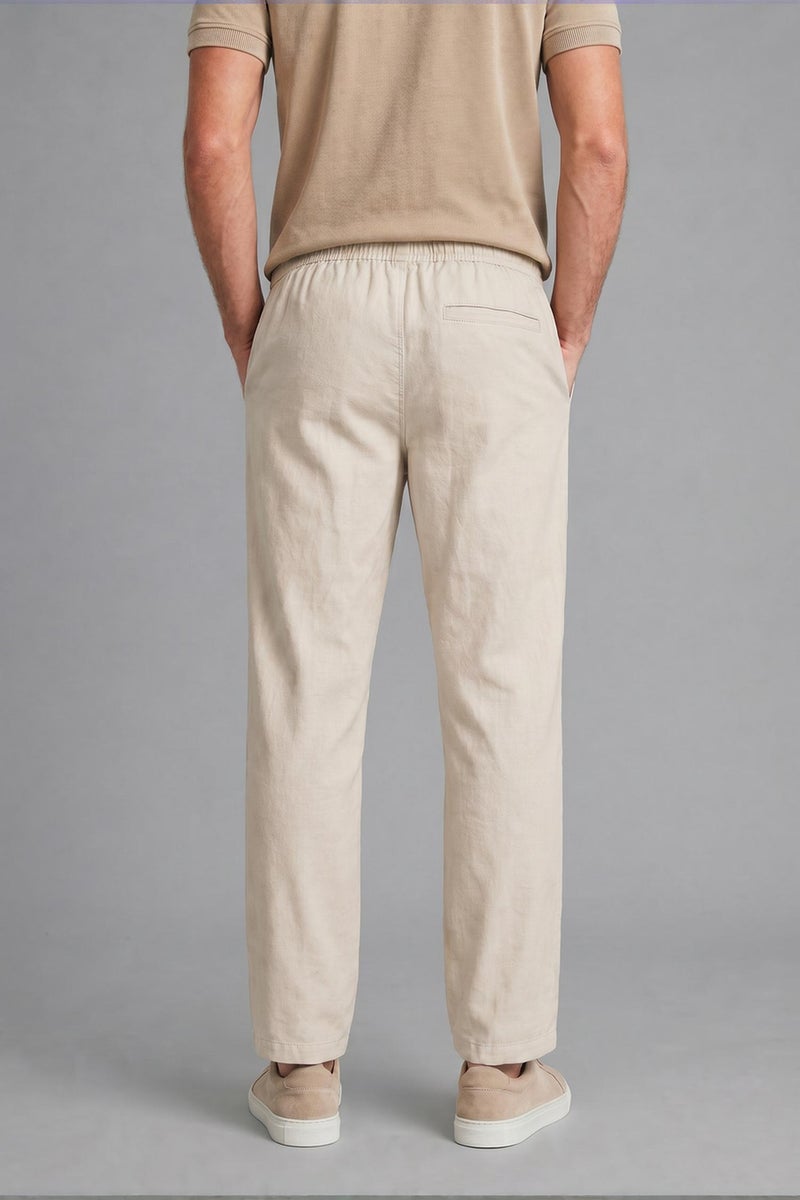 DeFacto Beige Man Linen Blend Elastic Waist Regular Fit Beige Trousers Casual - Image 3
