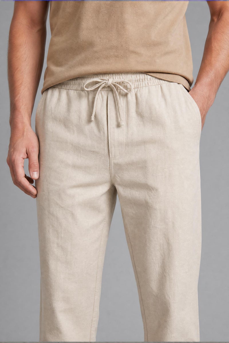 DeFacto Beige Man Linen Blend Elastic Waist Regular Fit Beige Trousers Casual - Image 5
