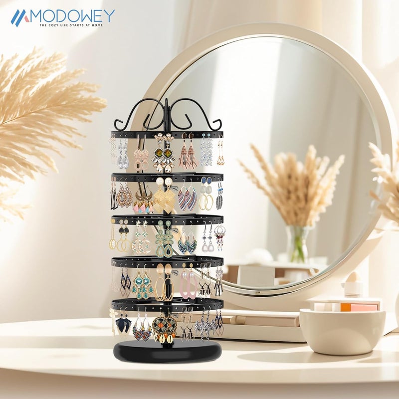 MODOWEY 5 Tiers Metal Rotating Earring Holder Organizer Stand Adjustable Display Tree, 220 Holes Large Carousel Rack for Stud Hoop Pierced Dangling Women, Ideal View for All Earrings, Black - Image 3