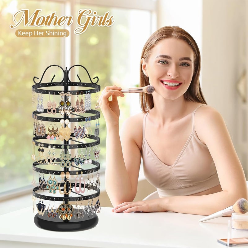 MODOWEY 5 Tiers Metal Rotating Earring Holder Organizer Stand Adjustable Display Tree, 220 Holes Large Carousel Rack for Stud Hoop Pierced Dangling Women, Ideal View for All Earrings, Black - Image 2