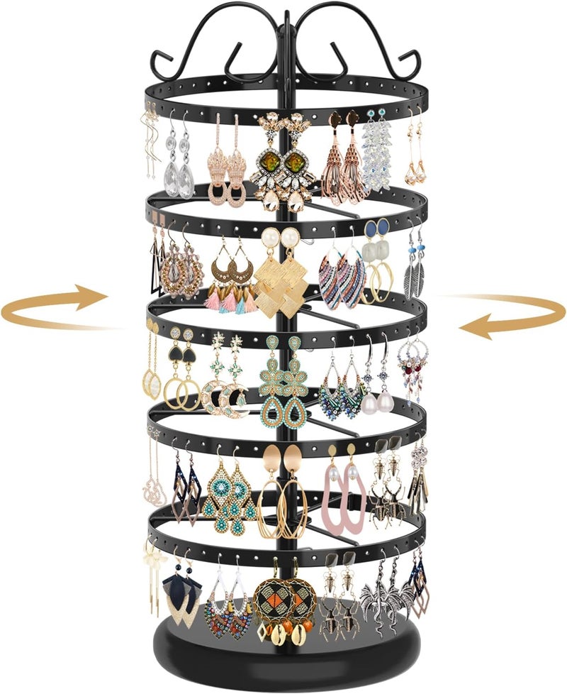 MODOWEY 5 Tiers Metal Rotating Earring Holder Organizer Stand Adjustable Display Tree, 220 Holes Large Carousel Rack for Stud Hoop Pierced Dangling Women, Ideal View for All Earrings, Black - Image 1