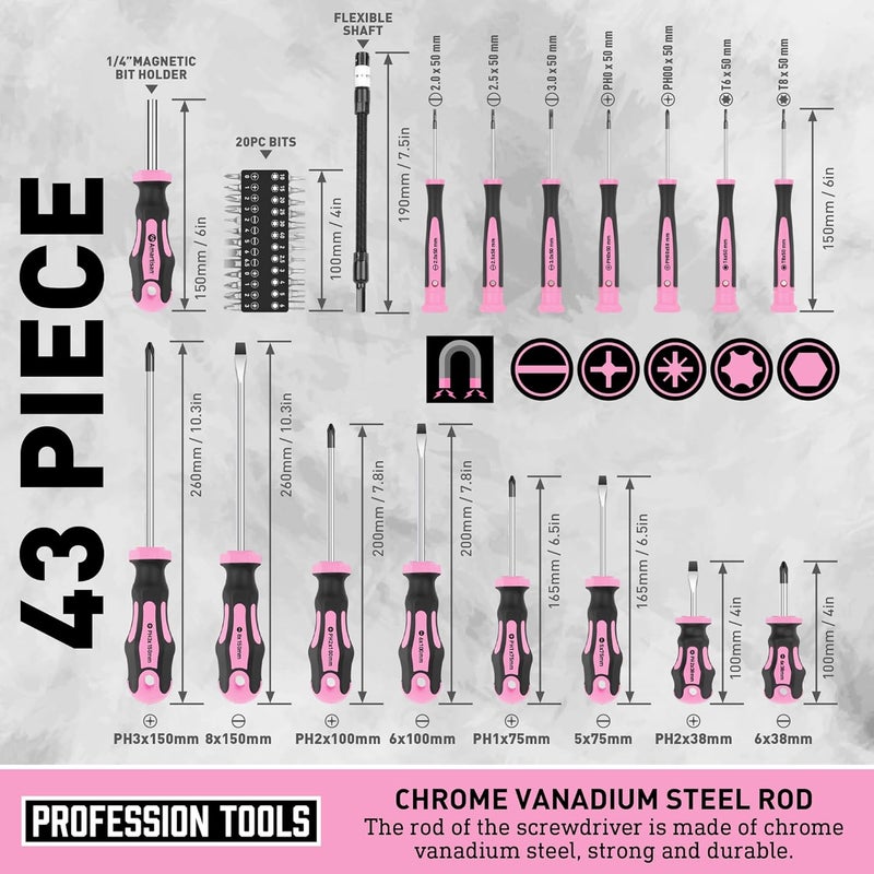 Amartisan Magnetic Screwdrivers Set with Case, 43-piece Includs Slotted, Phillips, Hex, Pozidriv,Torx and Precision Screwdriver Set, Magnetizer Demagnetizer Tools, Tools for Men (Pink)) - Image 5