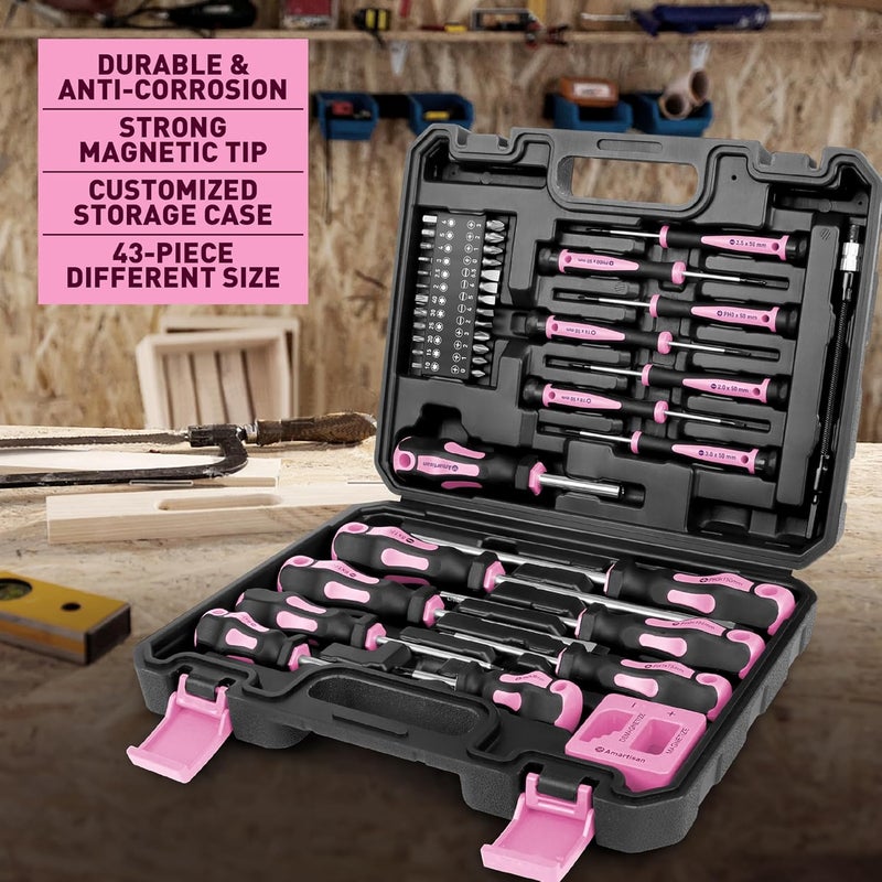 Amartisan Magnetic Screwdrivers Set with Case, 43-piece Includs Slotted, Phillips, Hex, Pozidriv,Torx and Precision Screwdriver Set, Magnetizer Demagnetizer Tools, Tools for Men (Pink)) - Image 4