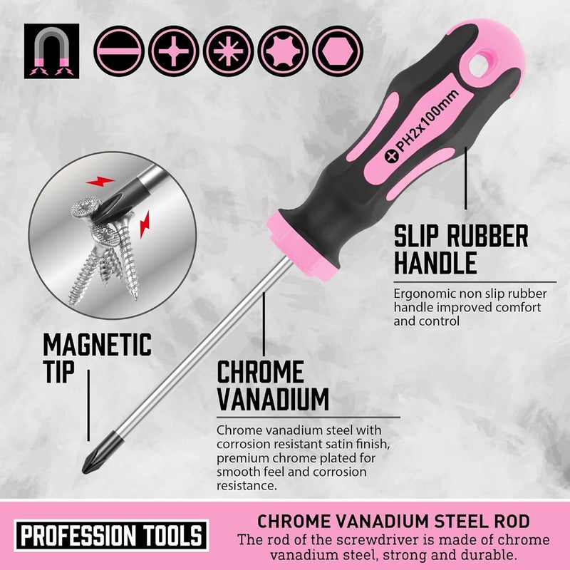 Amartisan Magnetic Screwdrivers Set with Case, 43-piece Includs Slotted, Phillips, Hex, Pozidriv,Torx and Precision Screwdriver Set, Magnetizer Demagnetizer Tools, Tools for Men (Pink)) - Image 2