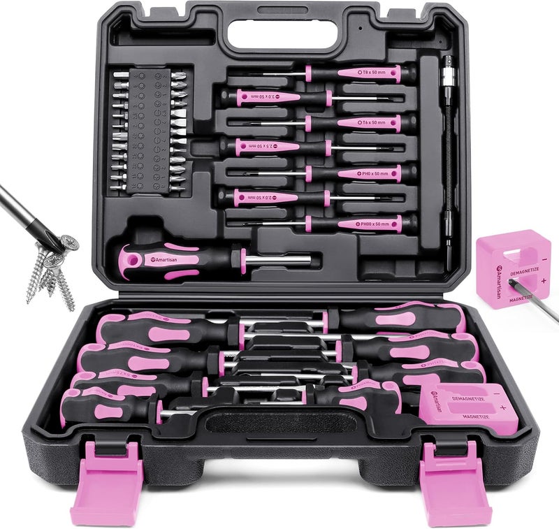 Amartisan Magnetic Screwdrivers Set with Case, 43-piece Includs Slotted, Phillips, Hex, Pozidriv,Torx and Precision Screwdriver Set, Magnetizer Demagnetizer Tools, Tools for Men (Pink)) - Image 1