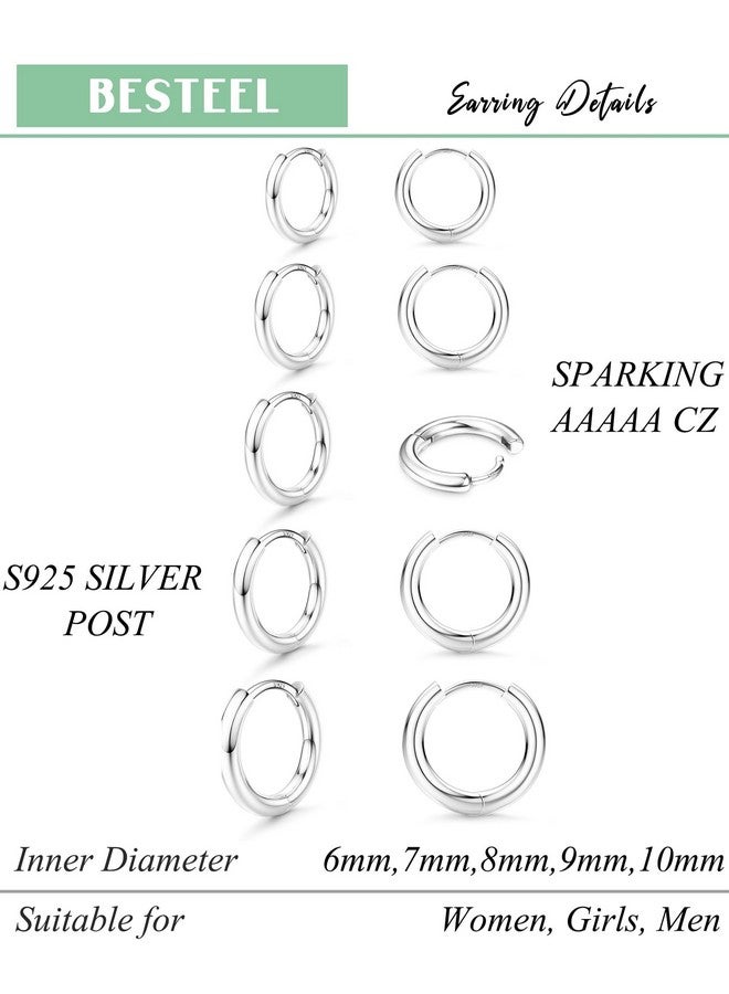 BESTEEL 5 Pairs Small Sterling Silver Hoop Earrings Set for Women Lightweight Tiny Huggie Hoops Silver Mini Cartilage Cuff Earrings Pack Hypoallergenic Ear Piercing Silver Dome - Image 3