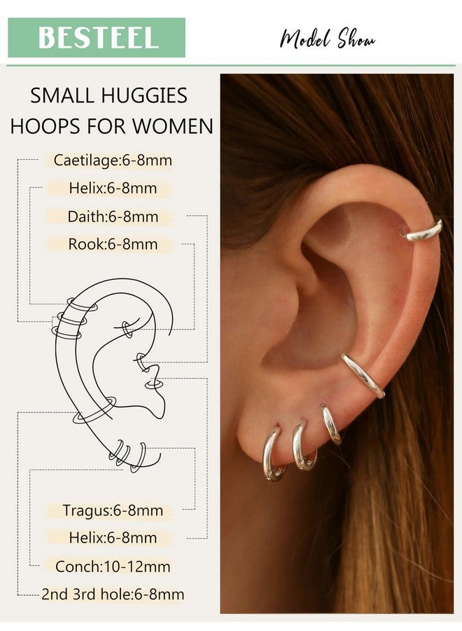 BESTEEL 5 Pairs Small Sterling Silver Hoop Earrings Set for Women Lightweight Tiny Huggie Hoops Silver Mini Cartilage Cuff Earrings Pack Hypoallergenic Ear Piercing Silver Dome - Image 2