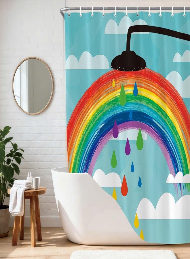 Wathon Funny Rainbow Shower Curtain for Kids, Colorful Rainbow White Cloud on Blue Sky Bathroom Curtains, Cute Creative Kids Cartoon Fabric Shower Curtain Sets with Hooks 72X72 Inches - Image 1