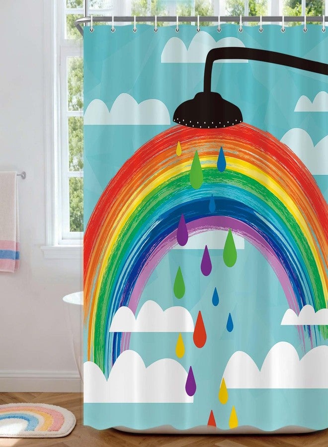 Wathon Funny Rainbow Shower Curtain for Kids, Colorful Rainbow White Cloud on Blue Sky Bathroom Curtains, Cute Creative Kids Cartoon Fabric Shower Curtain Sets with Hooks 72X72 Inches - Image 2