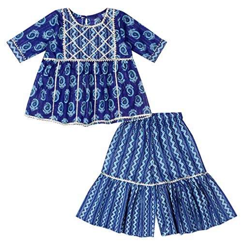 superminis Girls Sanganeri Prints Frock Style Cotton Kurti With Full Length Sharara Set (4-5 Years, Blue) - Image 1