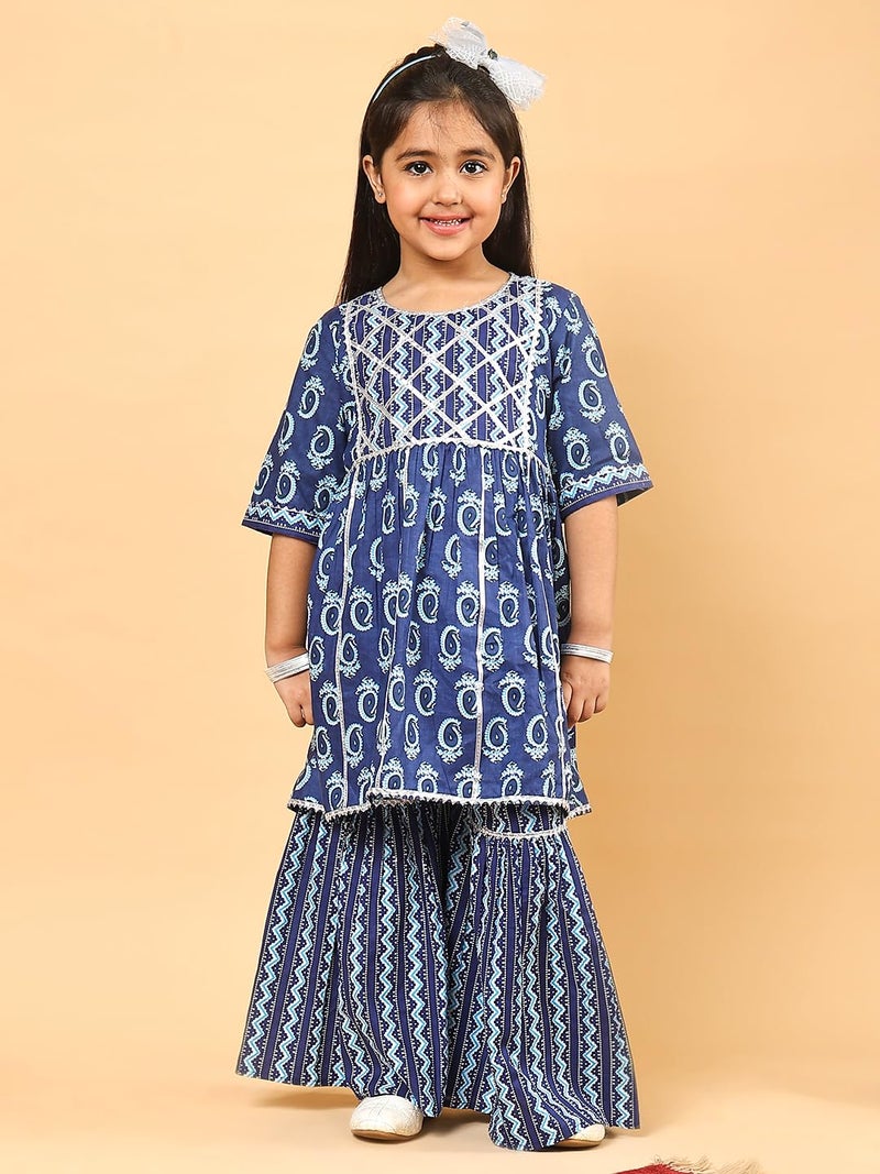 superminis Girls Sanganeri Prints Frock Style Cotton Kurti With Full Length Sharara Set (4-5 Years, Blue) - Image 2
