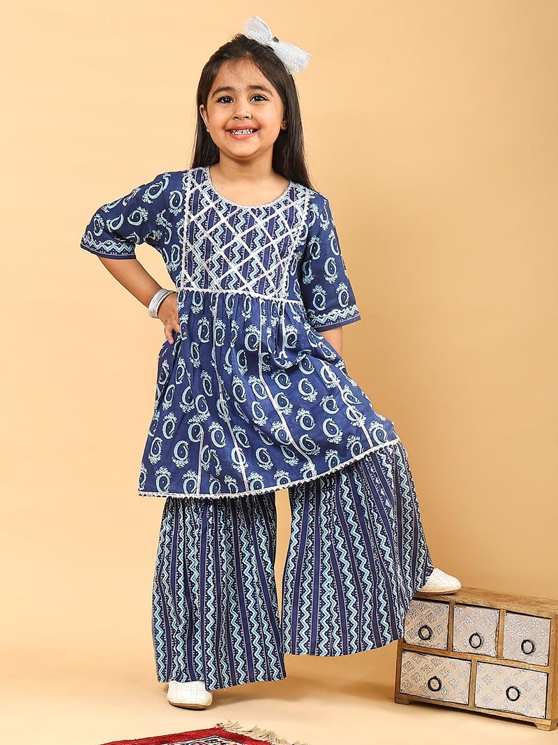 superminis Girls Sanganeri Prints Frock Style Cotton Kurti With Full Length Sharara Set (4-5 Years, Blue) - Image 3