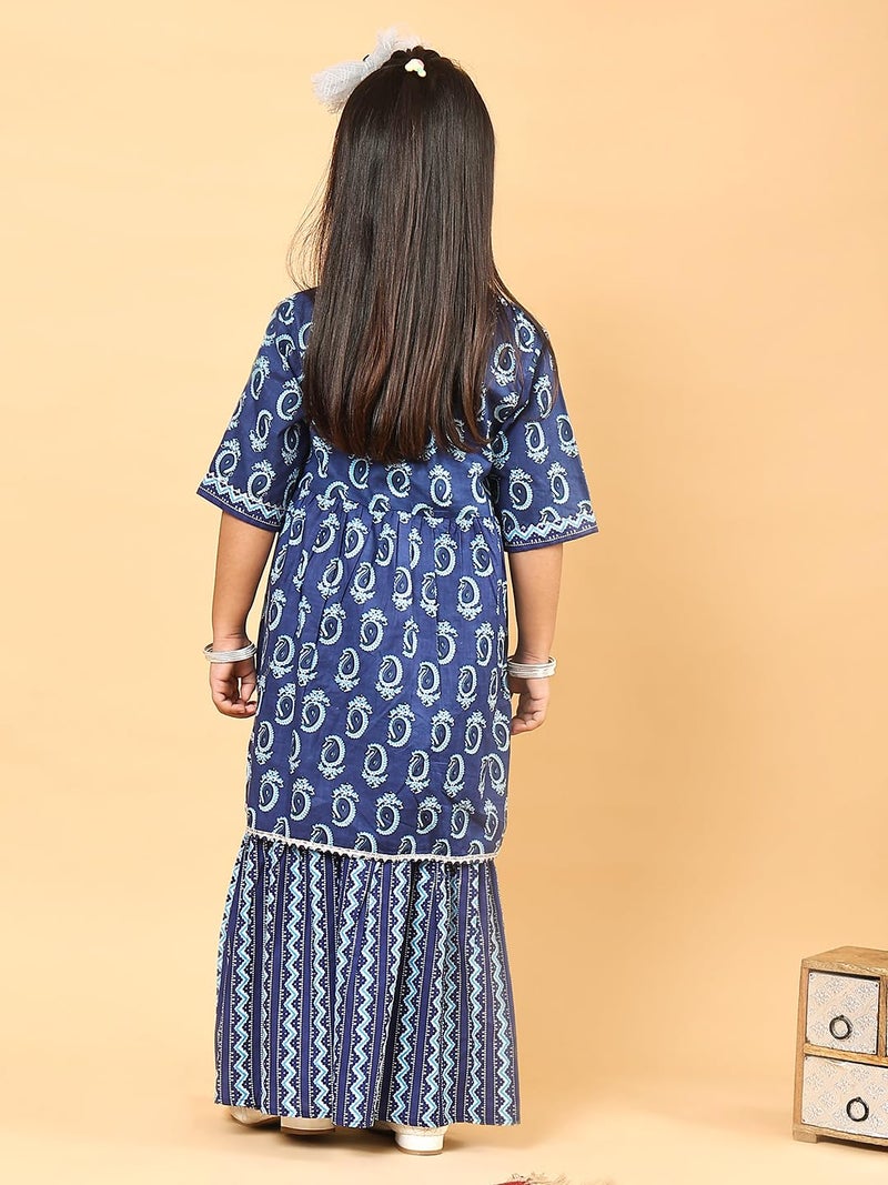 superminis Girls Sanganeri Prints Frock Style Cotton Kurti With Full Length Sharara Set (4-5 Years, Blue) - Image 4