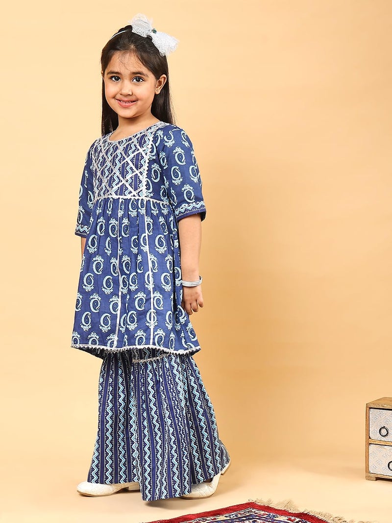 superminis Girls Sanganeri Prints Frock Style Cotton Kurti With Full Length Sharara Set (4-5 Years, Blue) - Image 5