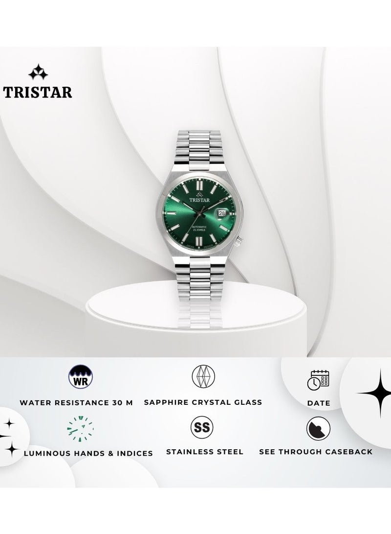 Tristar ساعة يد أوتوماتيكية للرجال من سلسلة NJ بمينا مؤشر أخضر وسوار من الفولاذ المقاوم للصدأ للرجال - Image 5