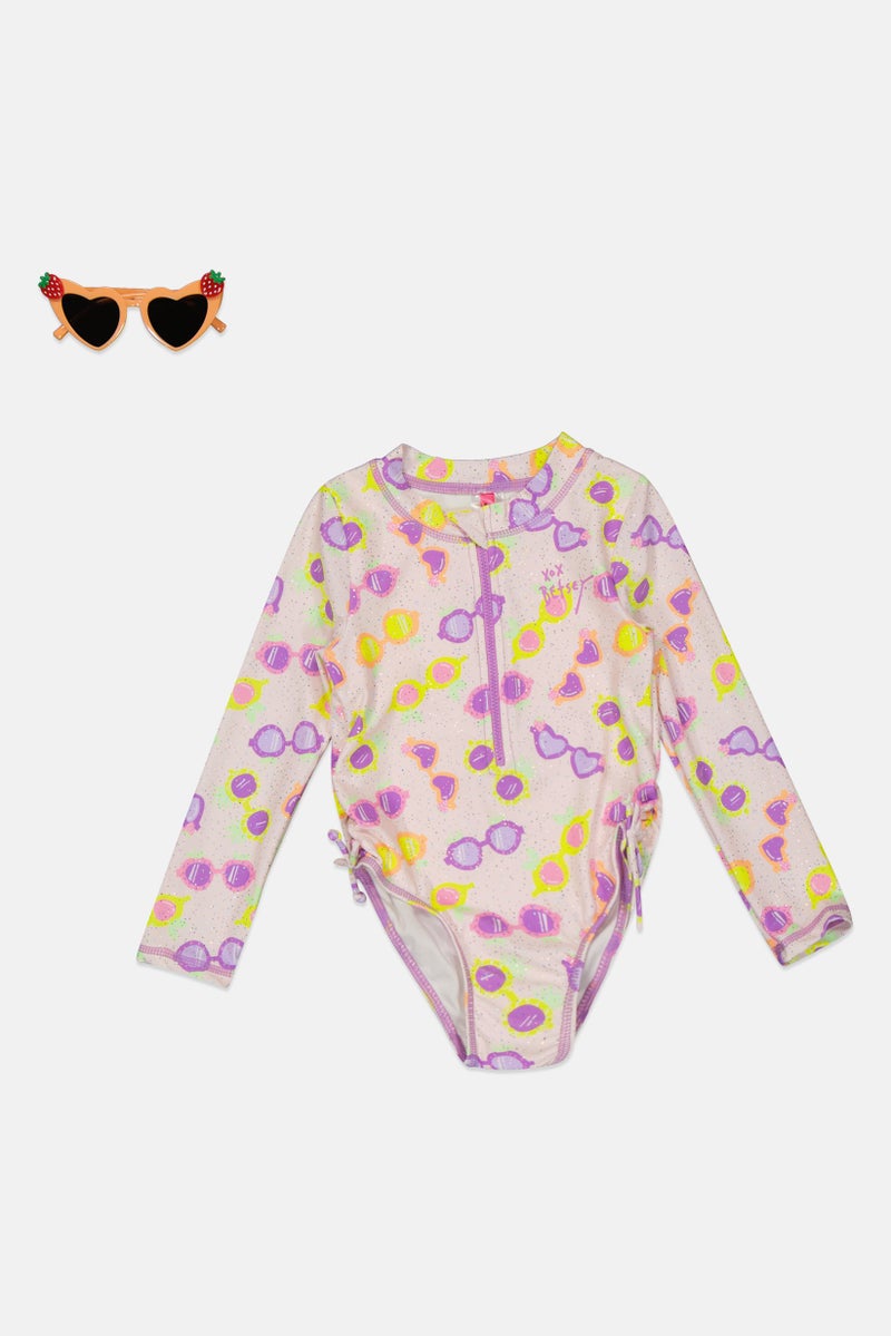 Betsey Johnson Toddlers Girl 2 Pieces Allover Print Rashguard And Sunglasses, Multicolor - Image 1