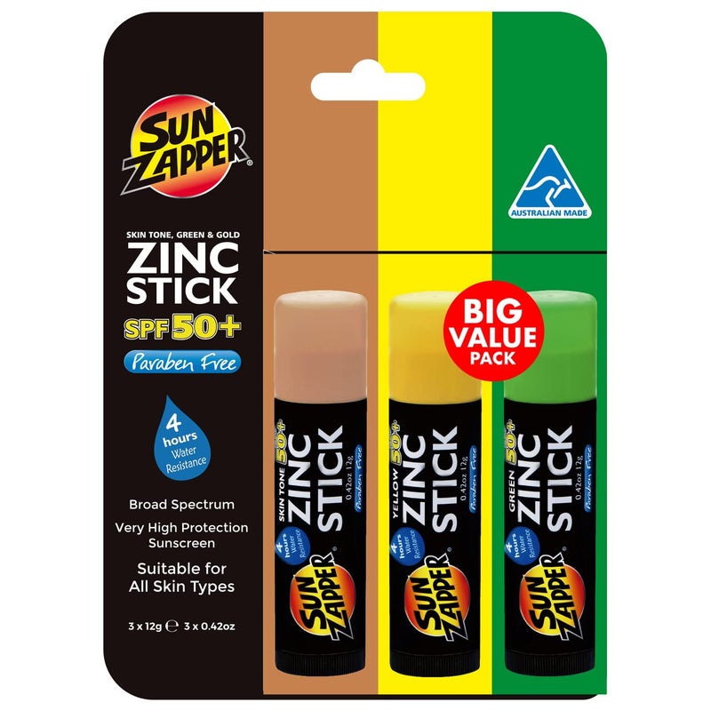 Sun Zapper Zinc Oxide Sunscreen Stick â€“ SPF 50+ â€“ Skin Tone, Green & Gold â€“ 3-Pack â€“ Water-Resistant Sun Protection for Face & Body â€“ 12g Each â€“ Made in Australia