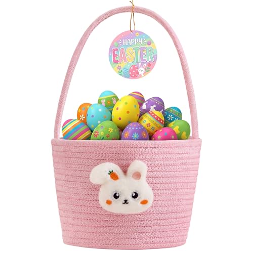 Yeeeasy Easter Basket for Kids Adorable Plush Bunny Face Woven Egg Hunt Bucket with Handle Soft First Easter Gift Tote Bag Nursery Toy Storage Bin with Tag Pink - Image 1