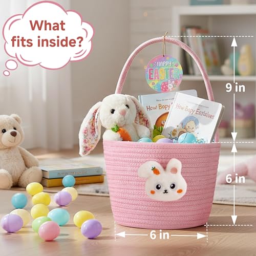Yeeeasy Easter Basket for Kids Adorable Plush Bunny Face Woven Egg Hunt Bucket with Handle Soft First Easter Gift Tote Bag Nursery Toy Storage Bin with Tag Pink - Image 3