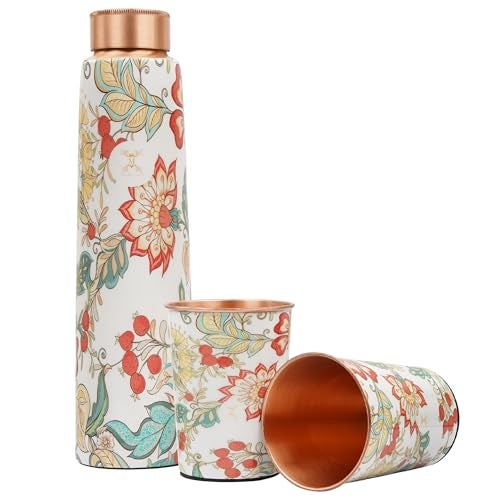 MERCAPE® - Flower Print Pure Copper Water Bottle with 2 Glass | Leak Proof, Durable & Rust Proof | Non-Toxic & BPA Free Steel Bottles | Printed Tamba Bottle (900 ml - 2x 300 ml) - Image 3
