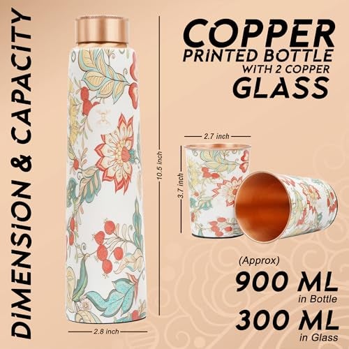 MERCAPE® - Flower Print Pure Copper Water Bottle with 2 Glass | Leak Proof, Durable & Rust Proof | Non-Toxic & BPA Free Steel Bottles | Printed Tamba Bottle (900 ml - 2x 300 ml) - Image 5