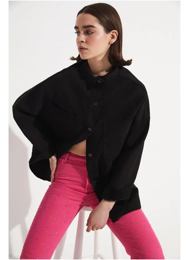 جون June 100% Cotton Shirt Jacket Black