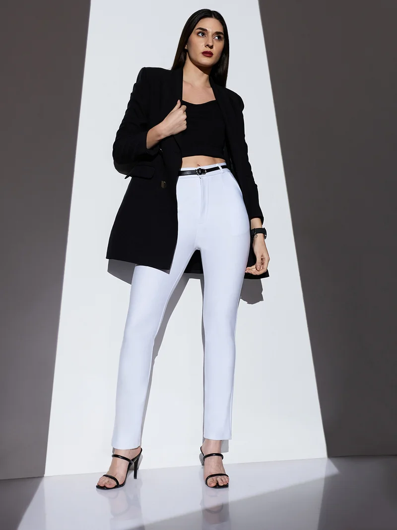 Globus Women White Mid-Rise Solid Stretchable Slim Fit Formal Trousers With Belt