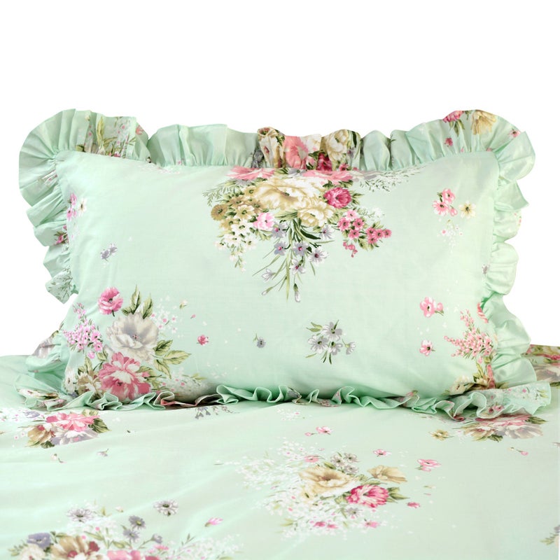 FADFAY Green Floral Duvet Cover Sets Vintage Flower Printed Bedding Ultra Soft 100% Cotton Designer Bedding Set 3 Pieces, 1duvet Cover & 2pillowcases (Queen Size, Ruffle Style) - Image 4