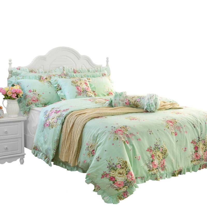 FADFAY Green Floral Duvet Cover Sets Vintage Flower Printed Bedding Ultra Soft 100% Cotton Designer Bedding Set 3 Pieces, 1duvet Cover & 2pillowcases (Queen Size, Ruffle Style) - Image 1