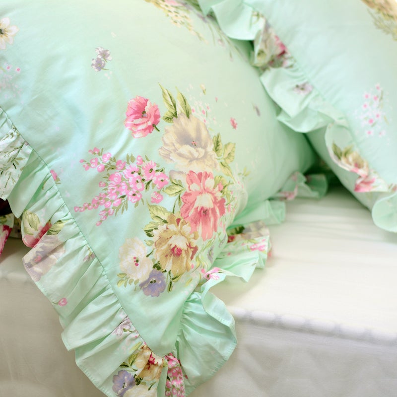 FADFAY Green Floral Duvet Cover Sets Vintage Flower Printed Bedding Ultra Soft 100% Cotton Designer Bedding Set 3 Pieces, 1duvet Cover & 2pillowcases (Queen Size, Ruffle Style) - Image 5