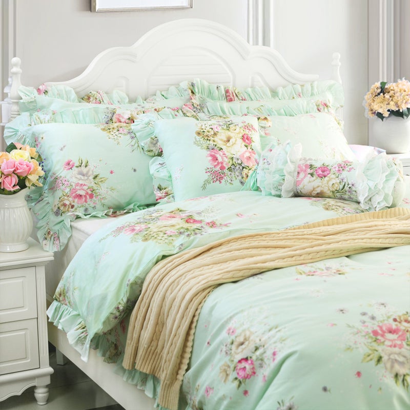 FADFAY Green Floral Duvet Cover Sets Vintage Flower Printed Bedding Ultra Soft 100% Cotton Designer Bedding Set 3 Pieces, 1duvet Cover & 2pillowcases (Queen Size, Ruffle Style) - Image 2