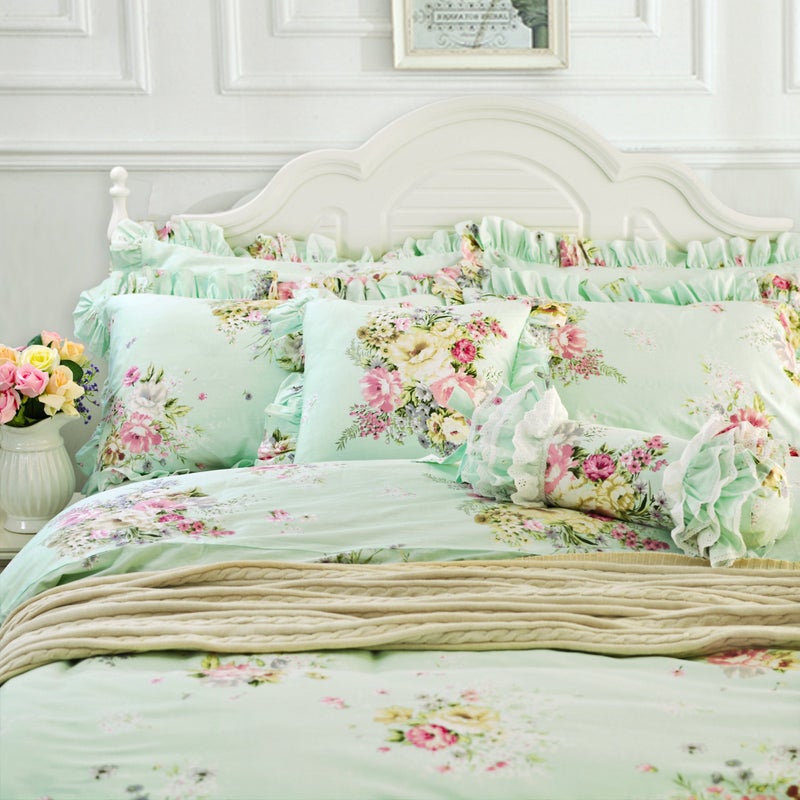 FADFAY Green Floral Duvet Cover Sets Vintage Flower Printed Bedding Ultra Soft 100% Cotton Designer Bedding Set 3 Pieces, 1duvet Cover & 2pillowcases (Queen Size, Ruffle Style) - Image 3