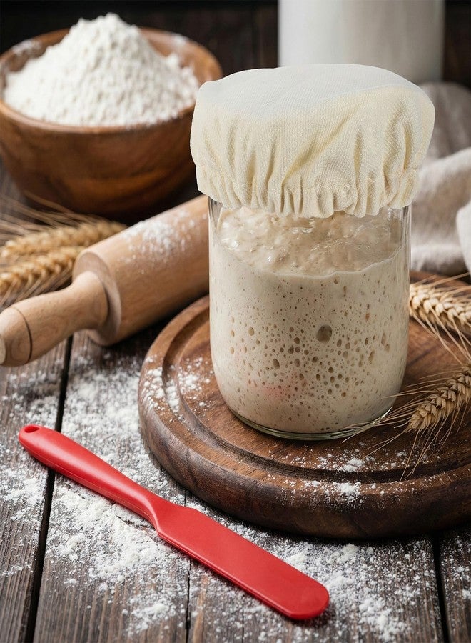أغطية قماشية لبرطمانات بادئ العجين المخمر مع ملعقة، 5 قطع من أغطية القماش القطنية المصنوعة يدويًا، غطاء كتان قابل لإعادة الاستخدام لحاوية بادئ العجين المخمر، غطاء تخمير الخبز من قماش غير مبيض بفتحة 3-4 بوصة - Image 3
