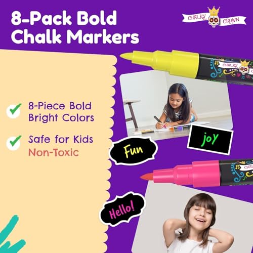 CHALKY CROWN Bold Chalk Markers - Dry Erase Marker Pens - Liquid Chalk Markers for Chalkboards, Signs, Windows, Blackboard, Glass - Reversible Tip (8 Pack) - (Multicolored, 1mm) - Image 2