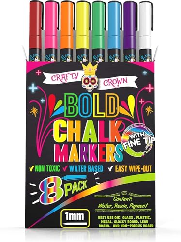 CHALKY CROWN Bold Chalk Markers - Dry Erase Marker Pens - Liquid Chalk Markers for Chalkboards, Signs, Windows, Blackboard, Glass - Reversible Tip (8 Pack) - (Multicolored, 1mm) - Image 1