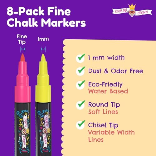 CHALKY CROWN Bold Chalk Markers - Dry Erase Marker Pens - Liquid Chalk Markers for Chalkboards, Signs, Windows, Blackboard, Glass - Reversible Tip (8 Pack) - (Multicolored, 1mm) - Image 3