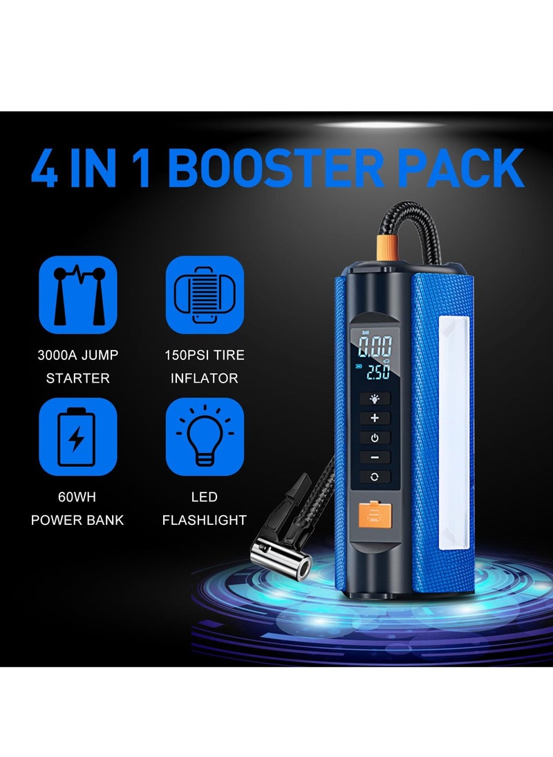 XiuWoo - Jump Starter with air Compressor,4 in 1 Jump Starter Air Compressor 150 PSI 3000A Output Current 10000 mAh, Blue - Image 1