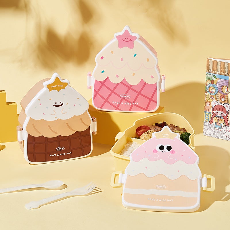 New creative cake-shaped lunch box Children's compartment portable lunch box with lid student light food fruit box(Yellow) - Image 3