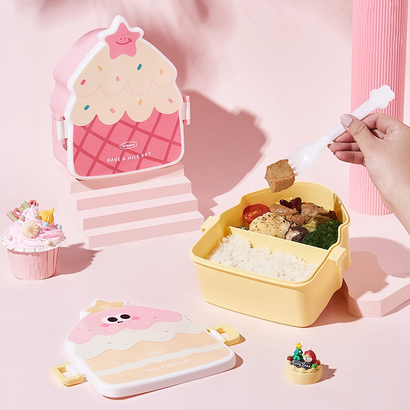 New creative cake-shaped lunch box Children's compartment portable lunch box with lid student light food fruit box(Yellow) - Image 4