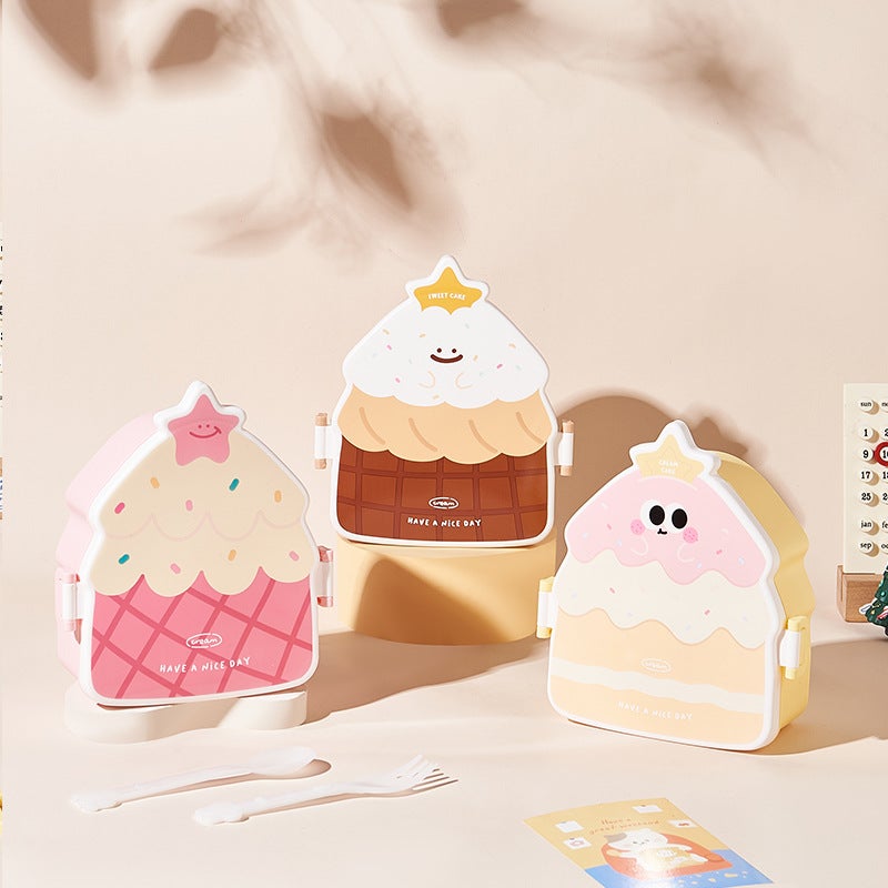 New creative cake-shaped lunch box Children's compartment portable lunch box with lid student light food fruit box(Yellow) - Image 2