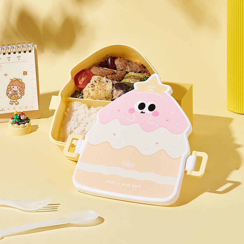 New creative cake-shaped lunch box Children's compartment portable lunch box with lid student light food fruit box(Yellow) - Image 5