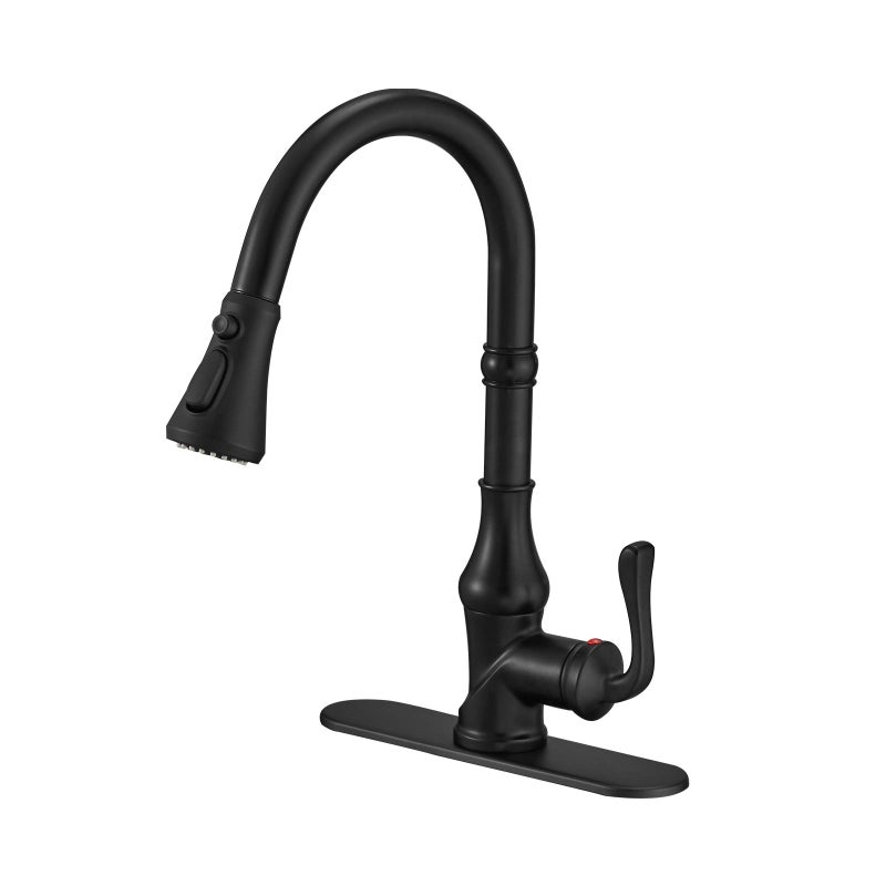 BWE Kitchen Faucet Matte Black with Pull Out Sprayer 3 Spray Modes Farmhouse Single Handle Singe Lever Gooseneck High Arc Kitchen Sink Faucet with Deck Plate Commercial Bar Kitchen Faucets