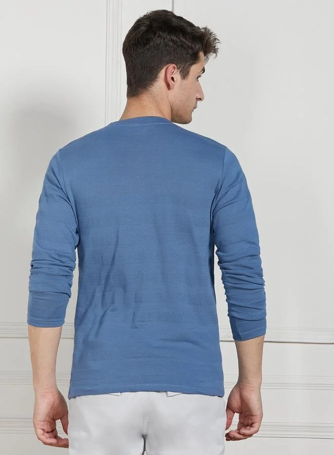 Dennis Lingo Regular Fit Mid Blue Cotton Henley Neck T-Shirt